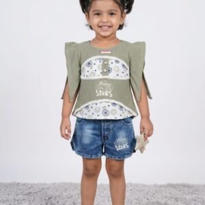 Girls’ Premium PolyCotton Top & Denim Shorts Set – Style H-110