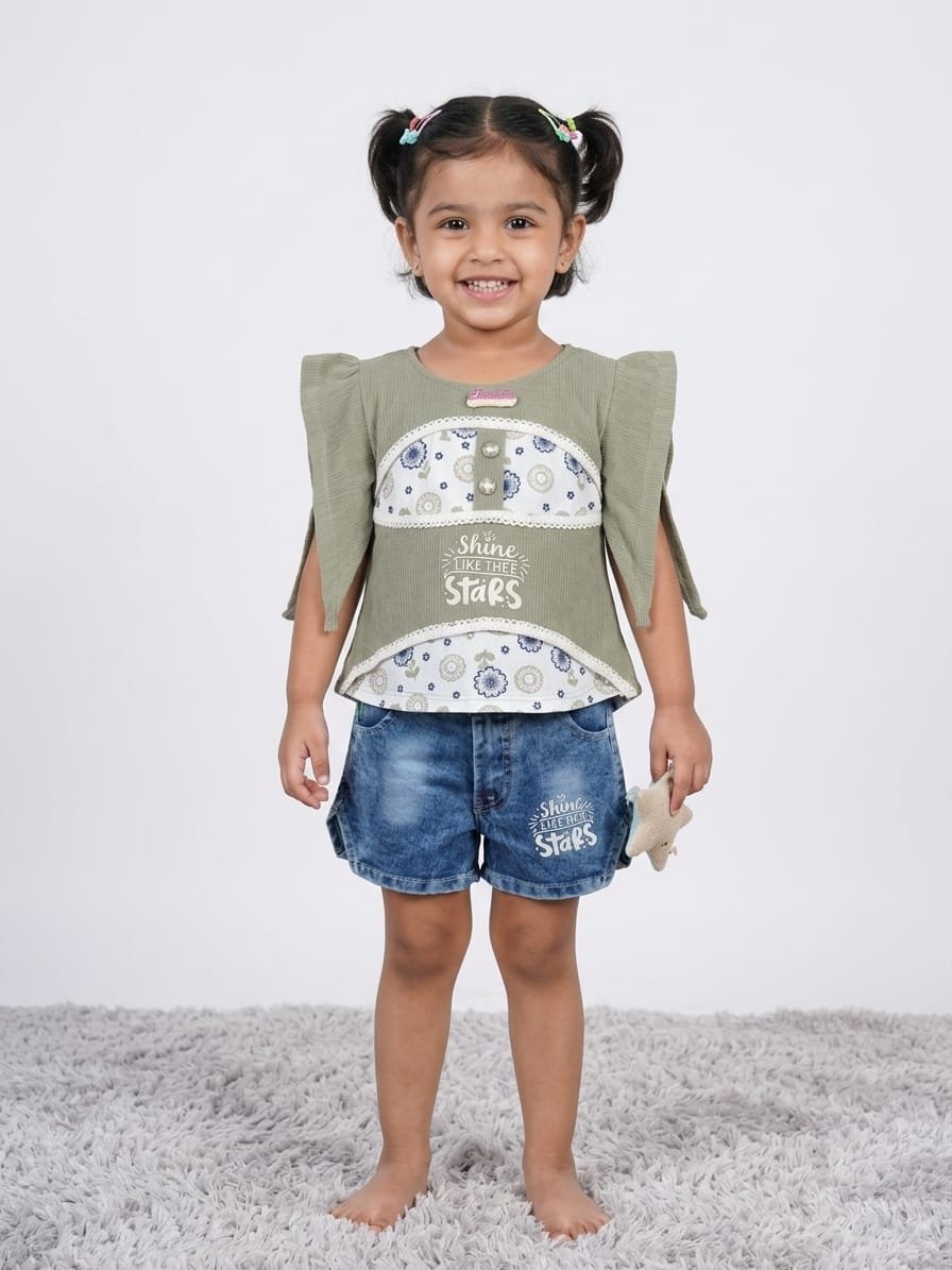 Girls’ Premium PolyCotton Top & Denim Shorts Set – Style H-110