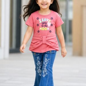 Girls’ Stylish Top & Embroidered Flared Jeans Set – F136