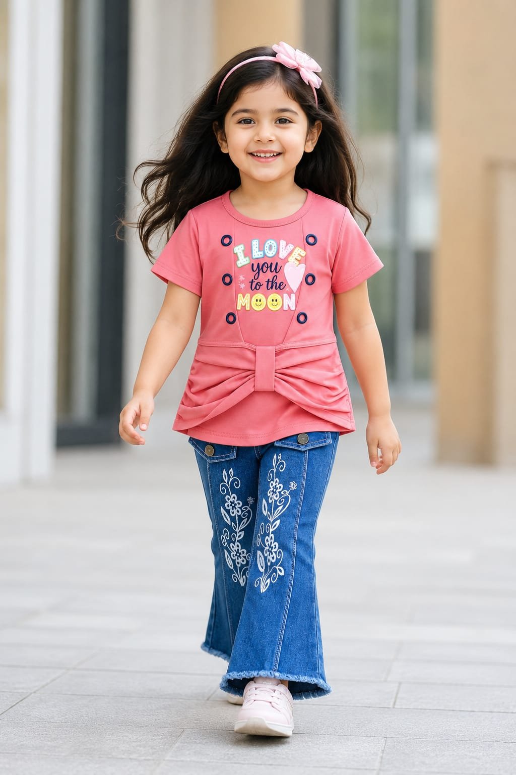 Girls’ Stylish Top & Embroidered Flared Jeans Set – F136
