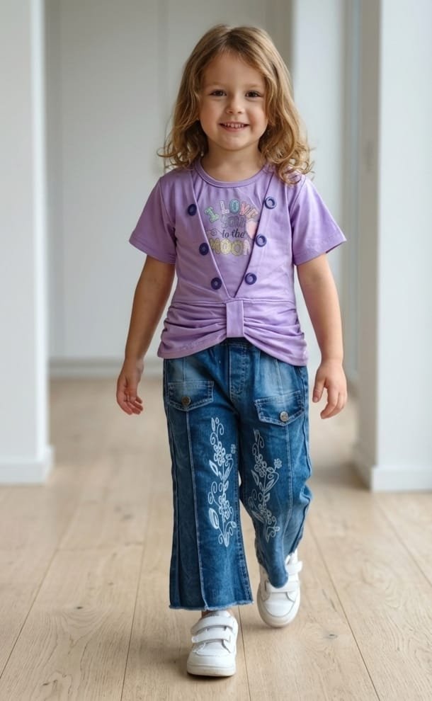 Girls’ Stylish Top & Embroidered Flared Jeans Set – F136 - Image 2